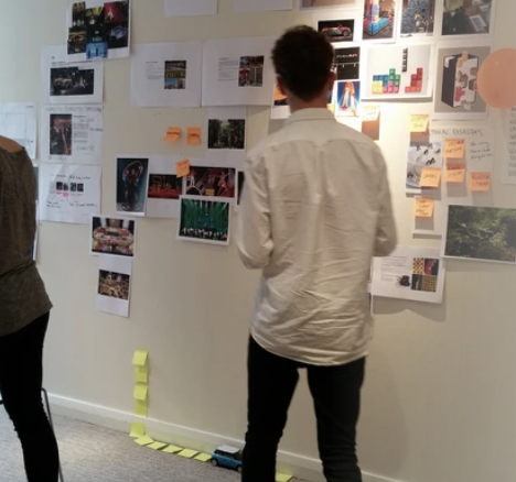 A collaborative workshop with photographs, sketches and sticky notes on the wall